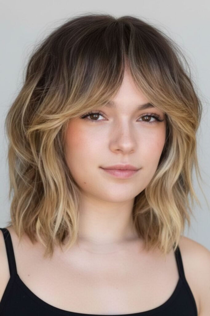 Shoulder-Length Stacked Bob Haircut with Curtain Bangs