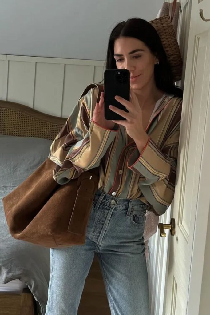 Silky Shirt + Light-wash Jeans + Suede Tote