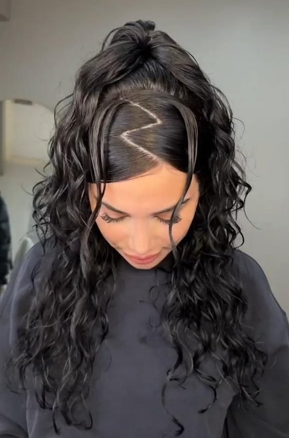 Sleek Zig Zag Part with Curly Hair
