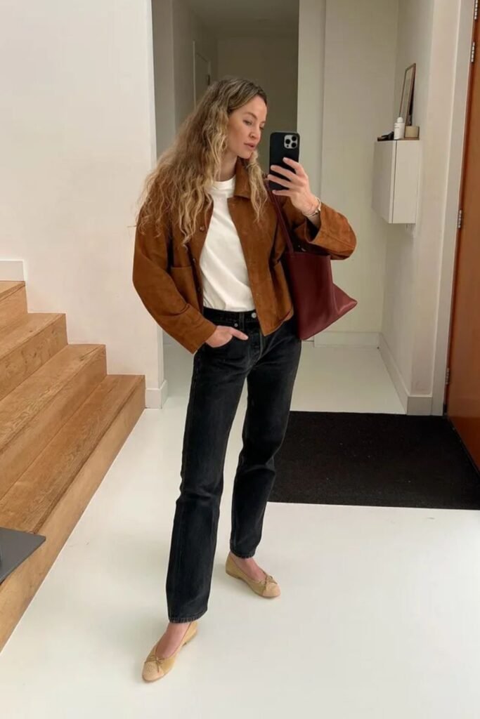 Suede Jacket + Black Jeans + Ballet Pumps