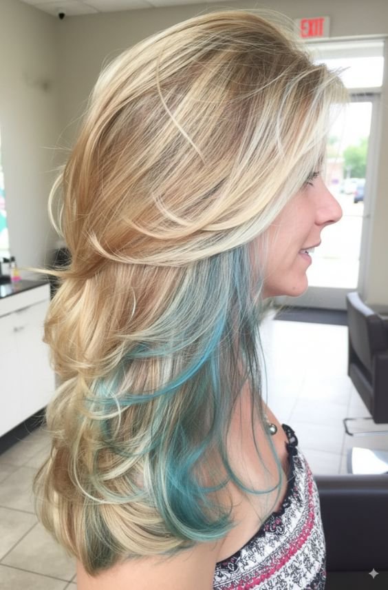 Teal Surprise Under Silver Blonde Layers