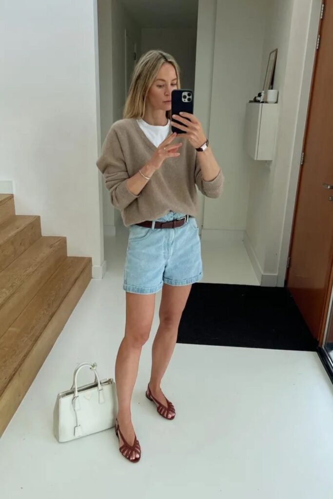 V-Neck Sweater + White T-Shirt + Belt + Denim Shorts