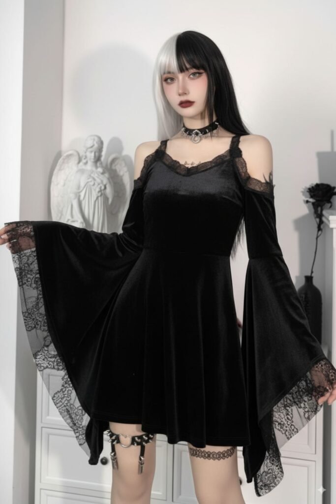 Velvet Off-Shoulder Dress With Bell Sleeves