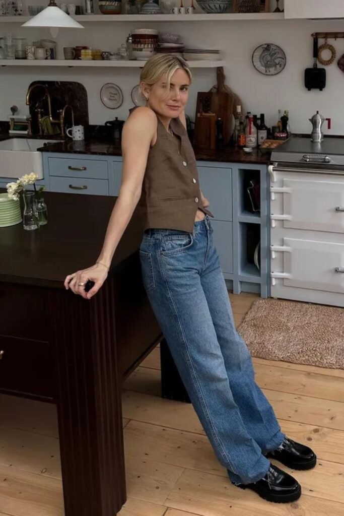 Waistcoat + Straight-Leg Jeans + Loafers