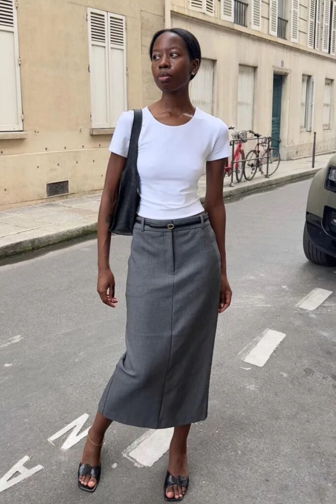 White T-Shirt + Pencil Skirt + Kitten-Heel Sandals