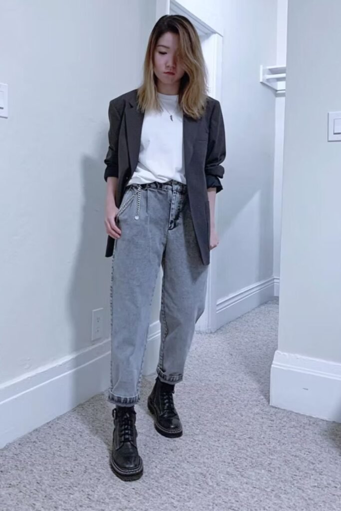 White Tee + Grey Jeans + Black Military Boots + Blazer