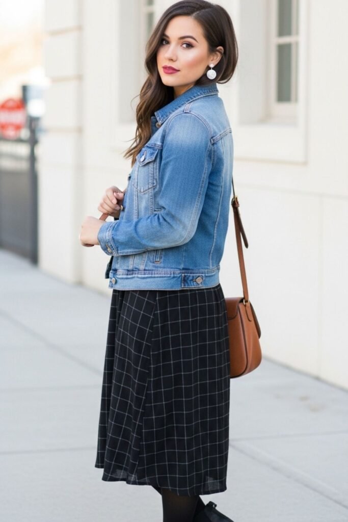A Denim Jacket With A Black Plaid Dress