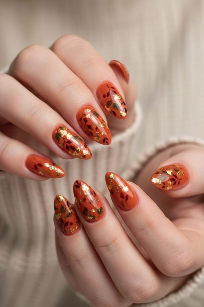Autumn Leaves With Gold Flakes And Orange Polish