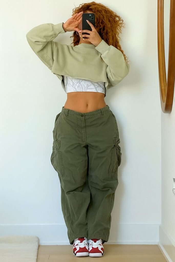 Baggy Green Jeans with Cropped Hoodie