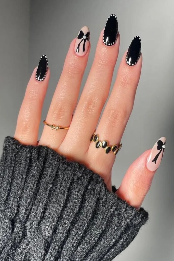 Black Halloween Nails With Cute Bow Design