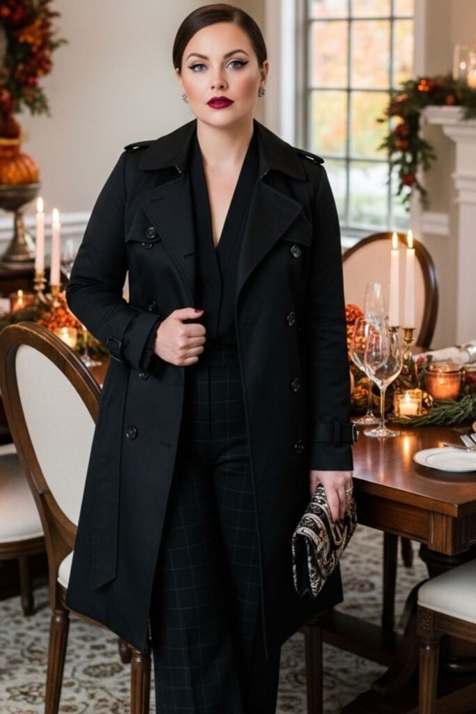 Black Trench Coat, Black Blouse, And Black Plaid Pants