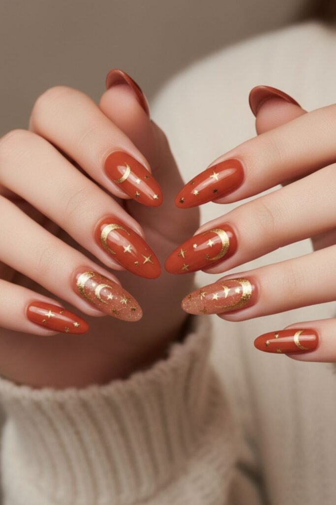 Burnt Orange Nails With Celestial Designs