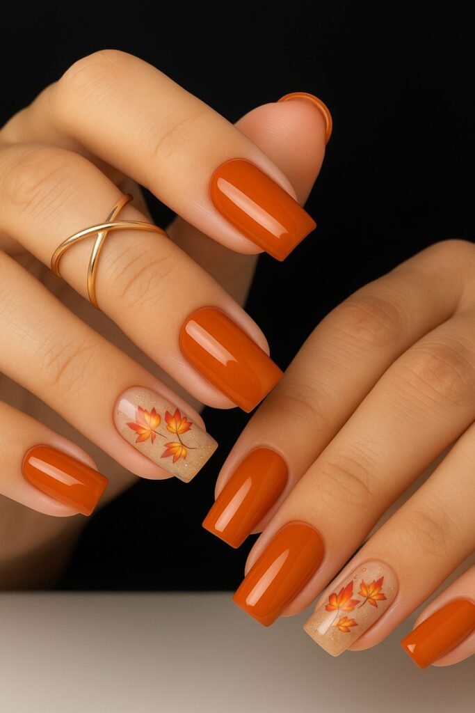 Burnt Orange Nails With Glossy Top Coat