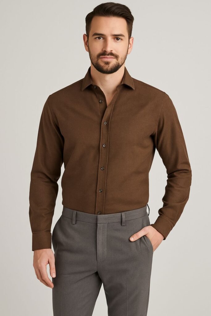 Coffee Cotton Button-Down with Grey Trousers 