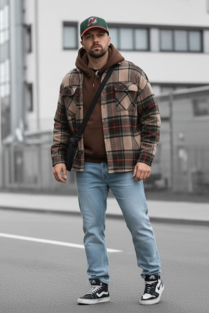 Coffee Flannel Layered with Hoodie