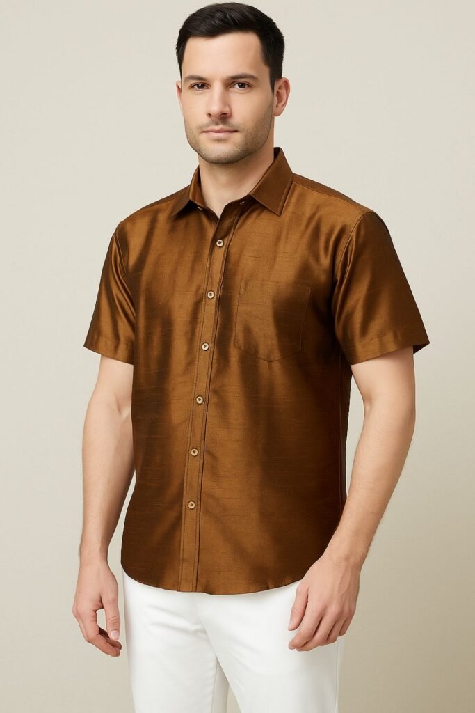 Coffee Silk Blend Shirt with White Chinos