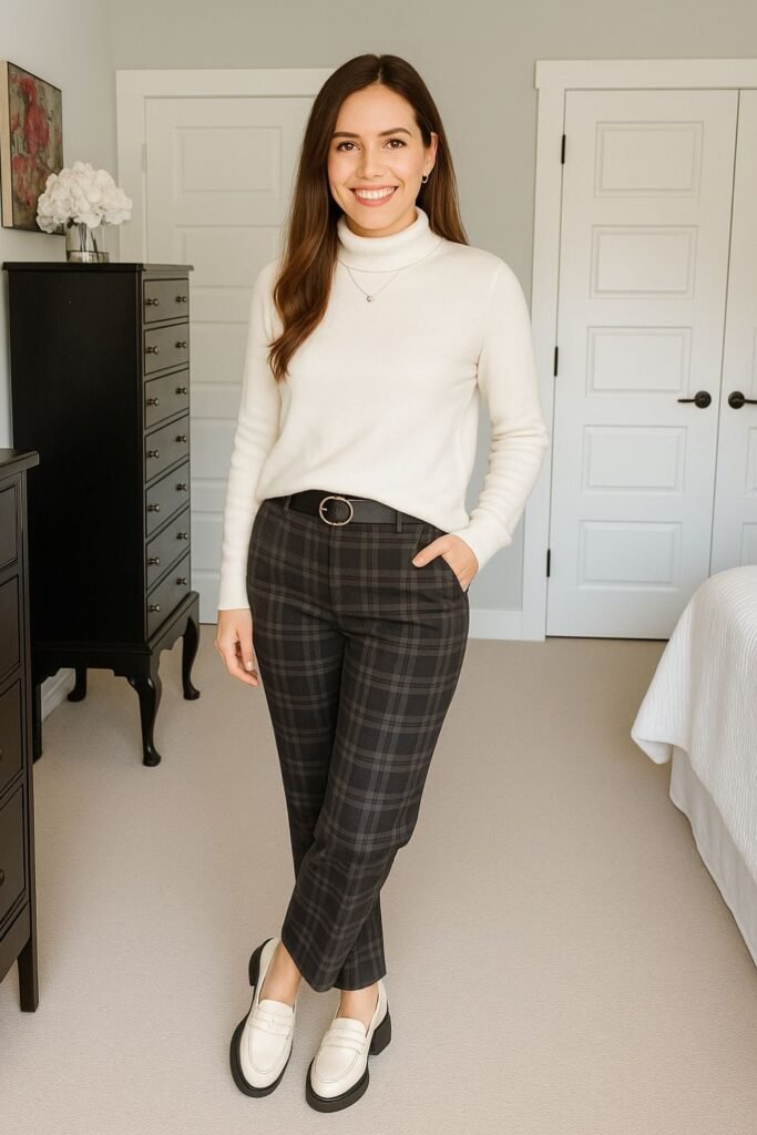Cream Sweater, Black Plaid Pants, And Cream Loafers