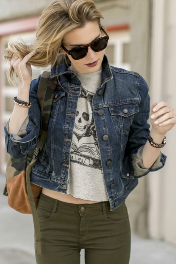 Cropped Green Jeans with Denim Jacket