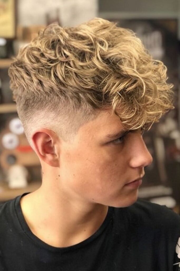 Curly Temple Fade Mohawk Haircut