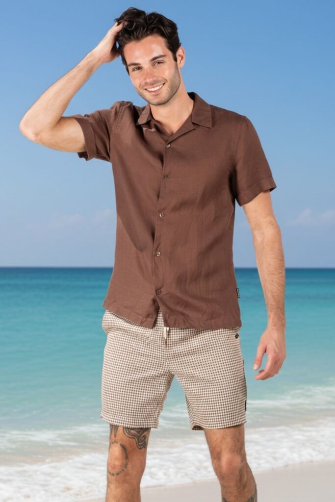 Dark Brown Linen Shirt with Khaki Shorts