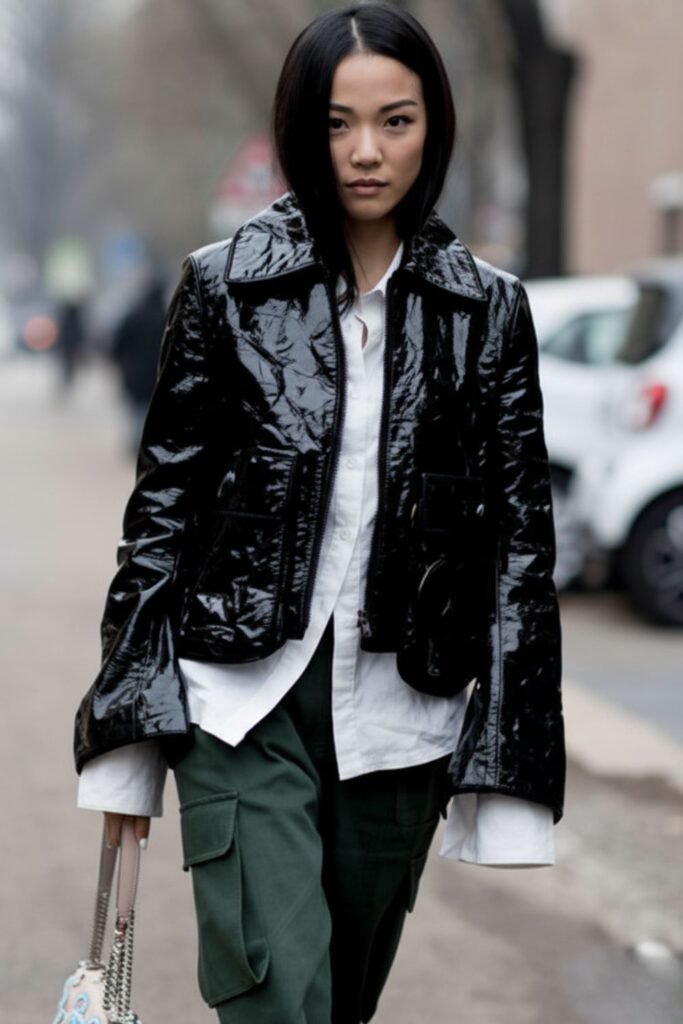 Dark Green Jeans with Leather Jacket