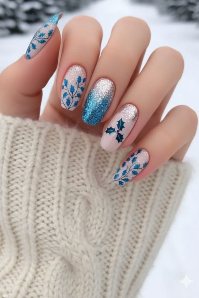 Elegant Holly And Glitter Nails