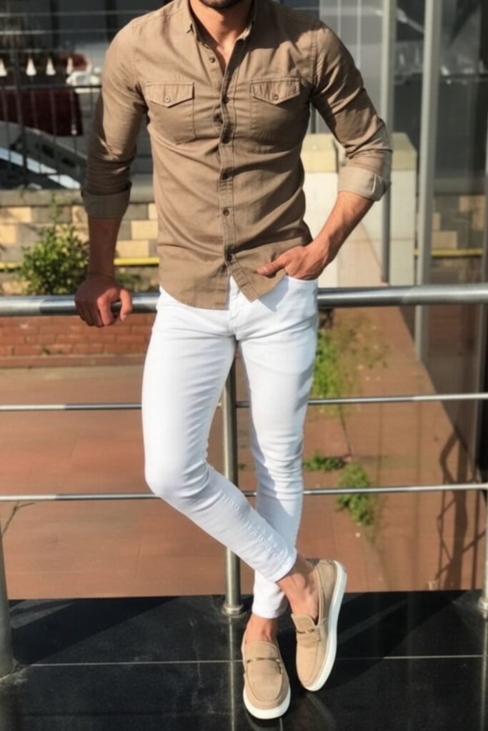 Espresso Denim Shirt with White Jeans