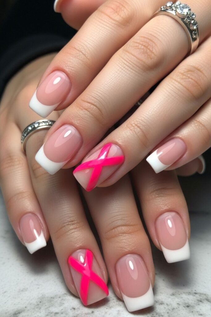 French Tips With Pink Ribbon Twist