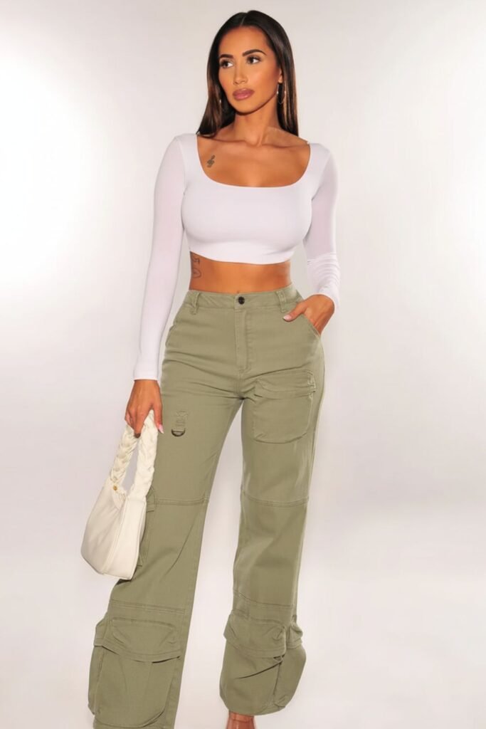 High-Waisted Green Jeans with White Crop Top