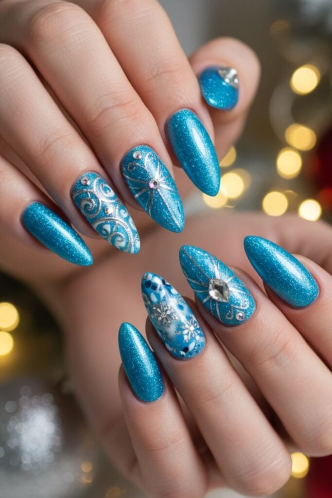 Holiday Party Nails With Icy Blue Colors