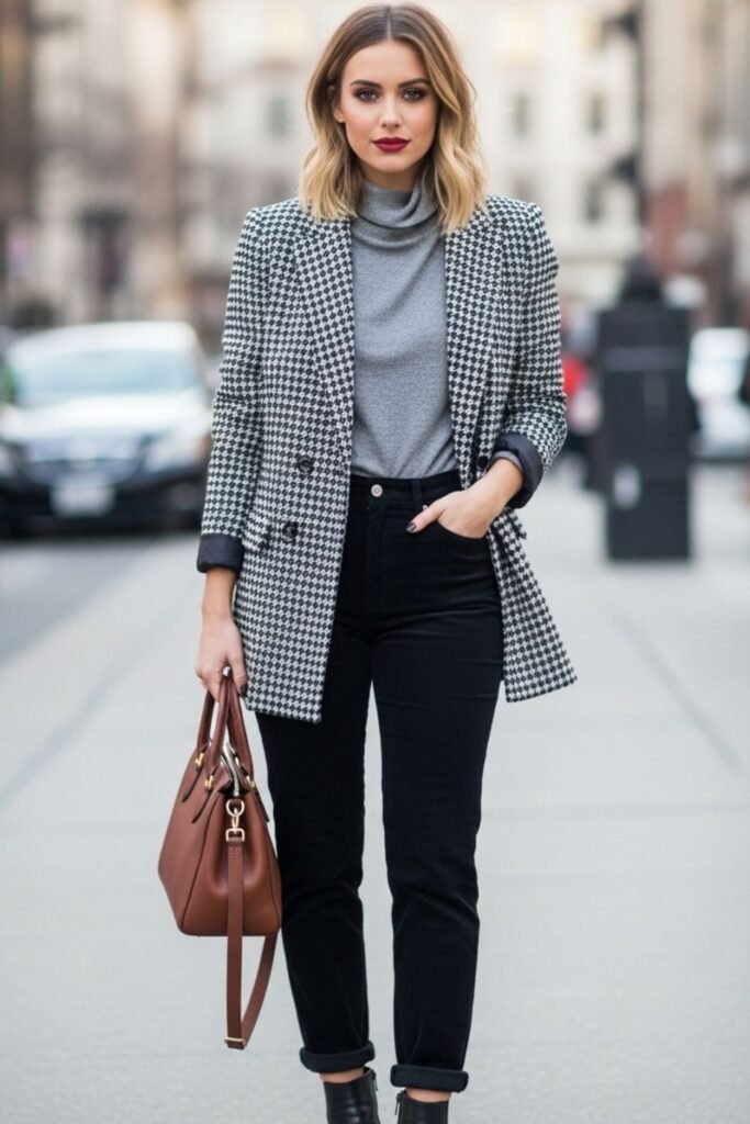 Houndstooth Blazer, Gray Turtleneck, And Black Cords
