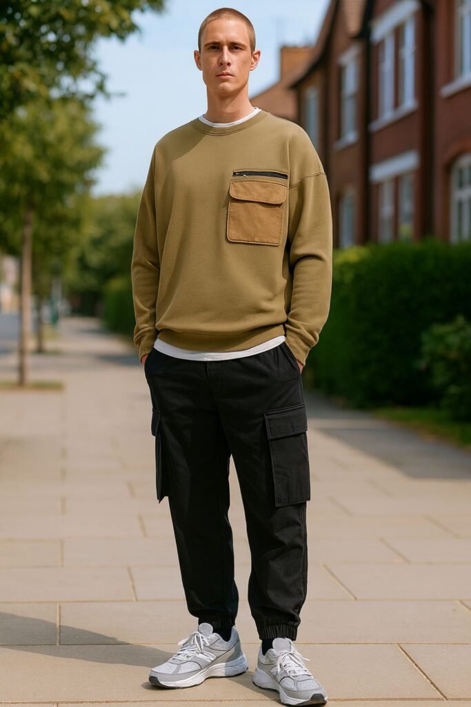 Latte Beige Oversized Shirt with Black Cargo Pants