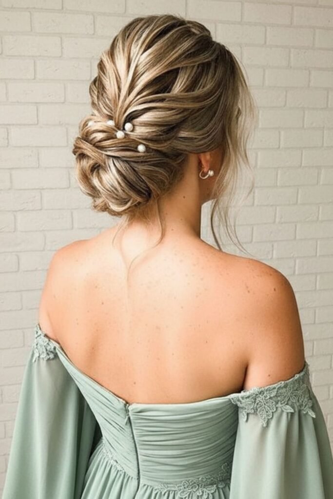 Messy Bun with Pearl Hairpins