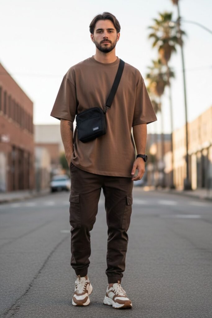 Mocha Oversized Tee with Cargo Joggers