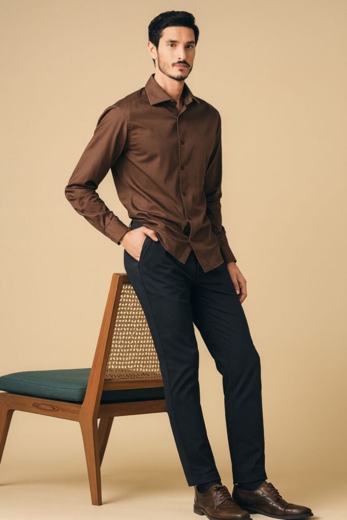 Mocha Shirt with Navy Tailored Pants