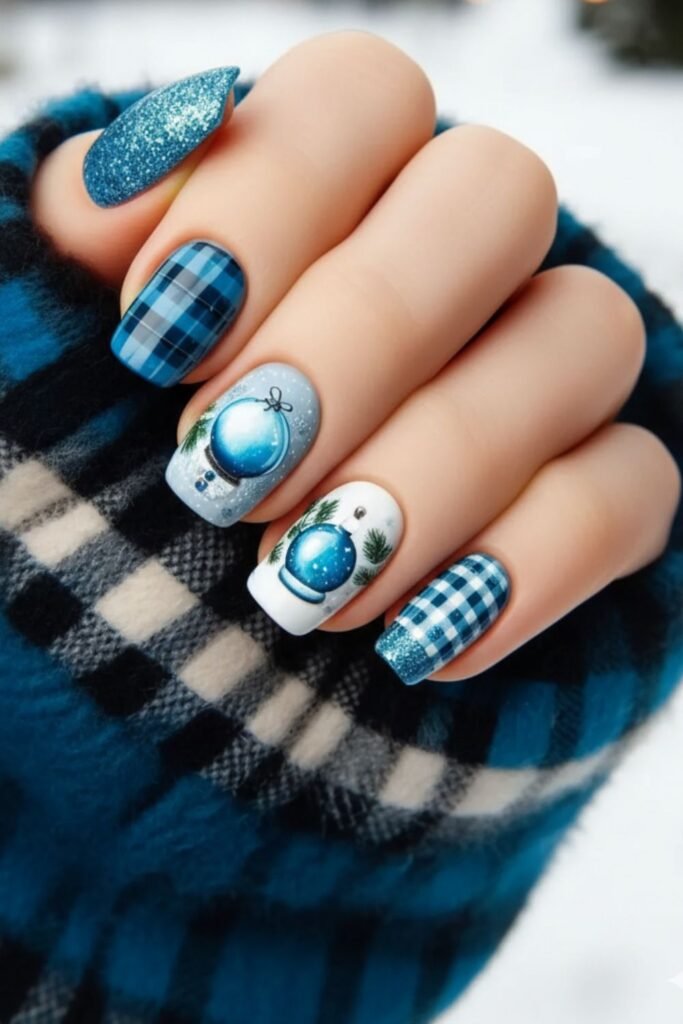 Plaid Blue Baubles Nail Design