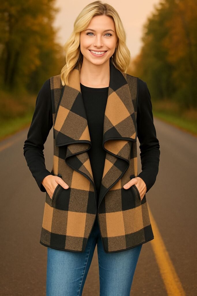 Plaid Open Front Sleeveless Cardigan