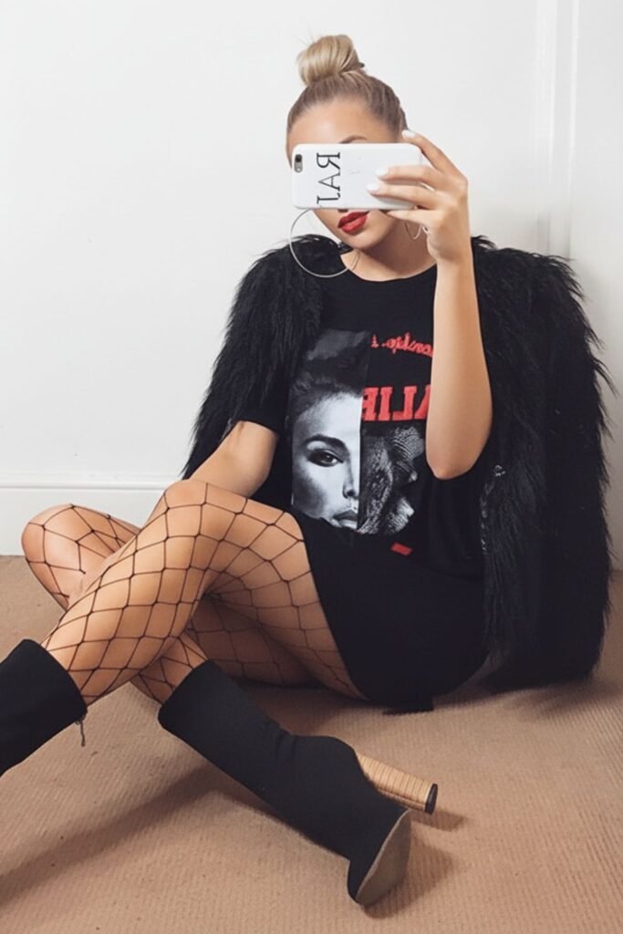 Rhinestone Fishnet Tights & Oversized Shirt