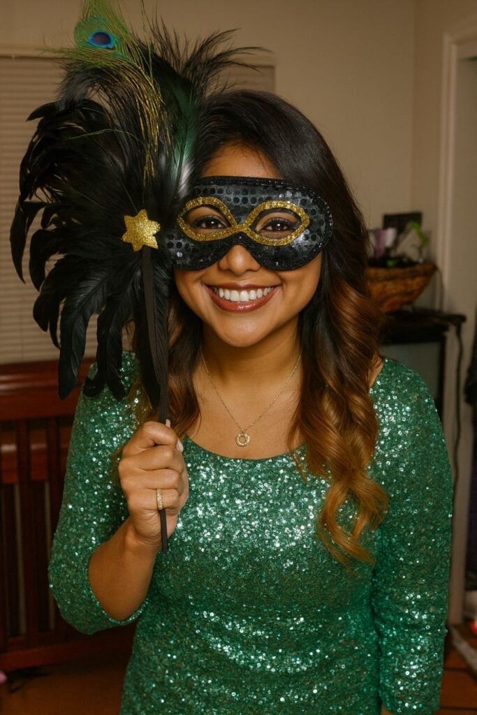 Sequined Mini Dress & Feathered Mask
