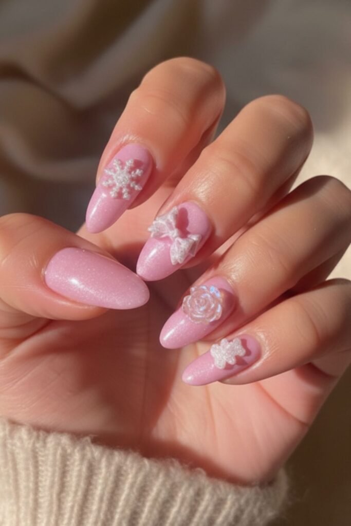 Shimmery Pink With Ribbon Accent Nail