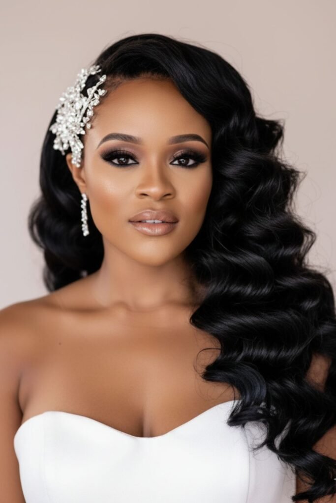 Side-Swept Curls with Shell Barrettes