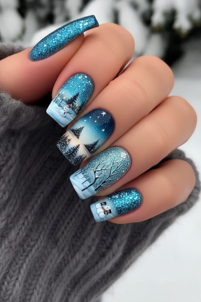 Snowy Night Scene Nails