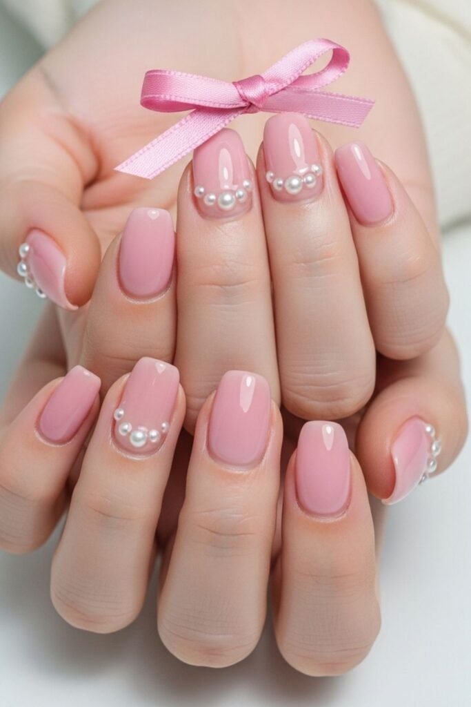 Soft Pink With Ribbon And Tiny Pearls