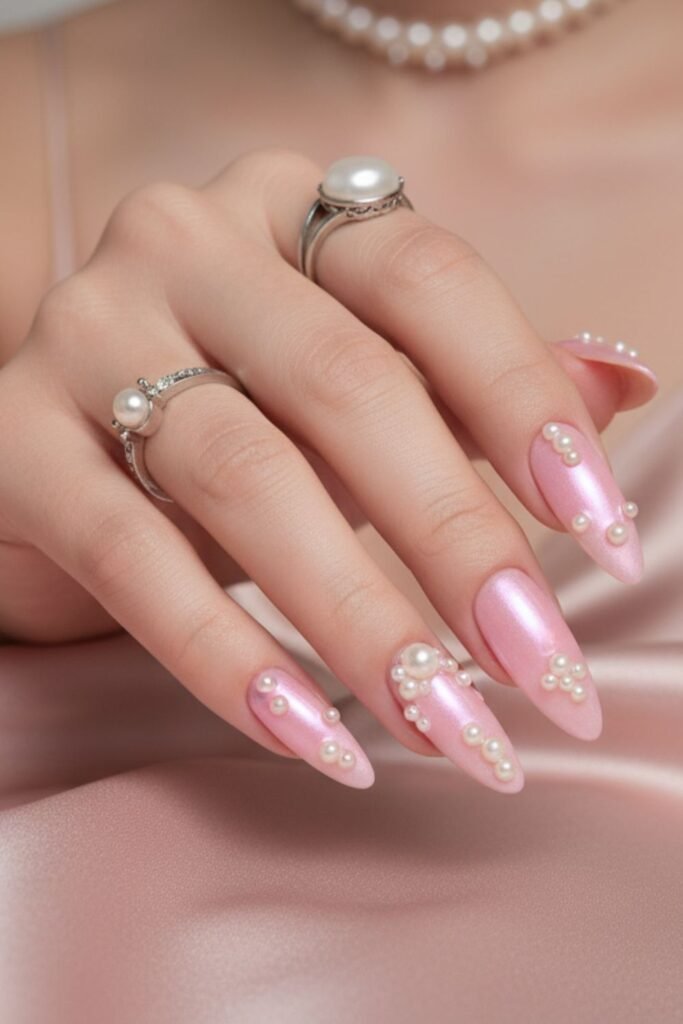 Barbiecore Pearl Nails