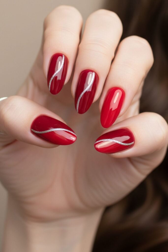 Bicolour Red Nails With Silver Detail
