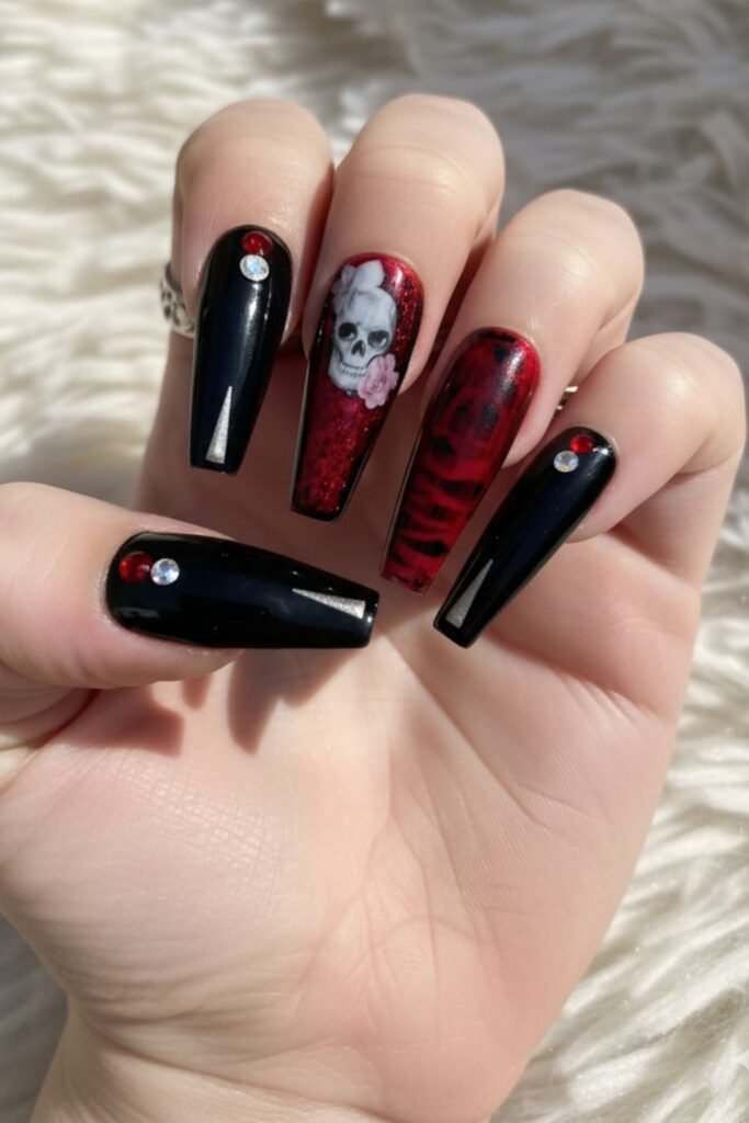 Black and Red Gothic Skull Nails
