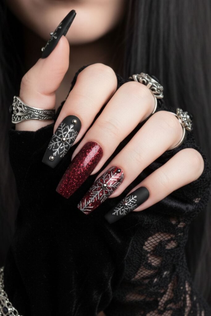 Black and Red Gothic Snowflake Nails