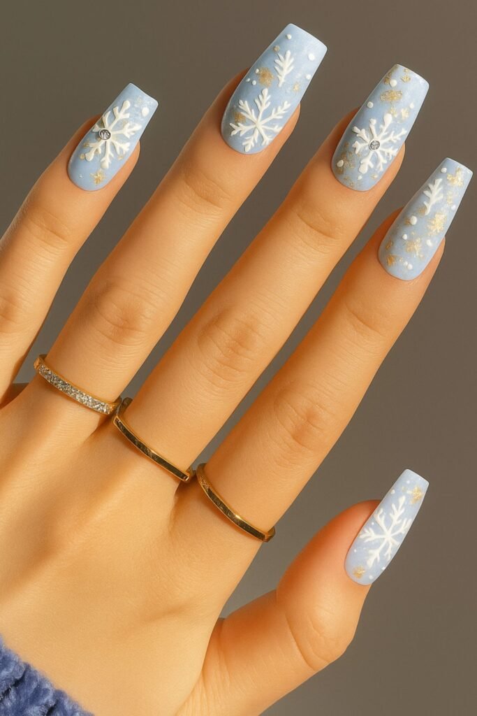 Blue Nails with White Snowflakes