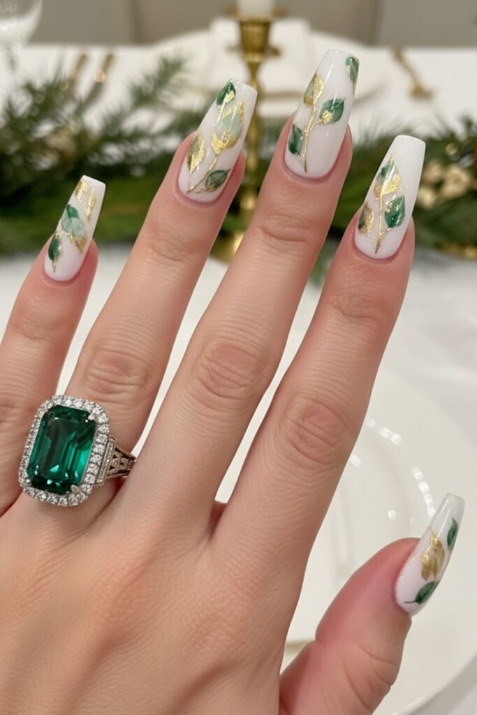 Coffin Nails with Green and Gold Leaves