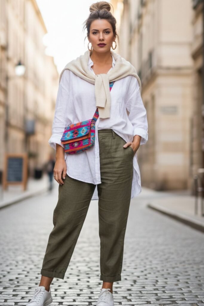 Cropped Green Linen Pants With Oversized Shirt